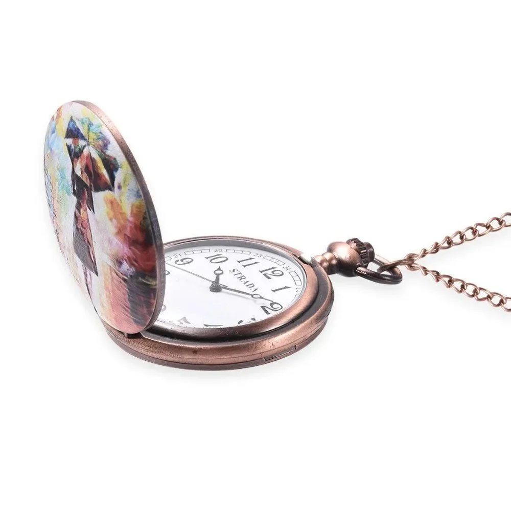 STRADA Girl Holding Umbrella Pattern Pocket Watch